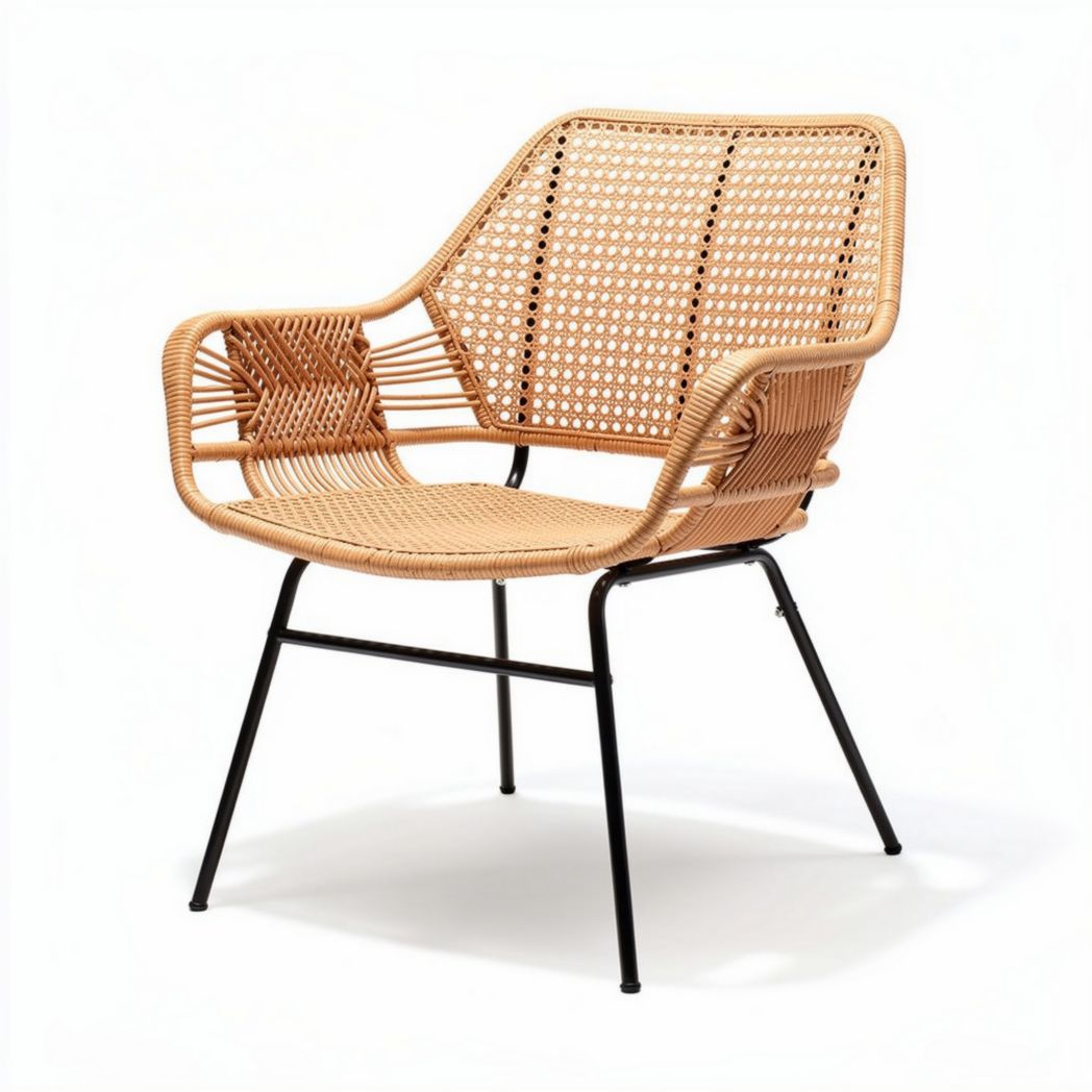 Fauteuil en rotin tressé naturel avec structure en métal noir 80 x 70 x 70cm