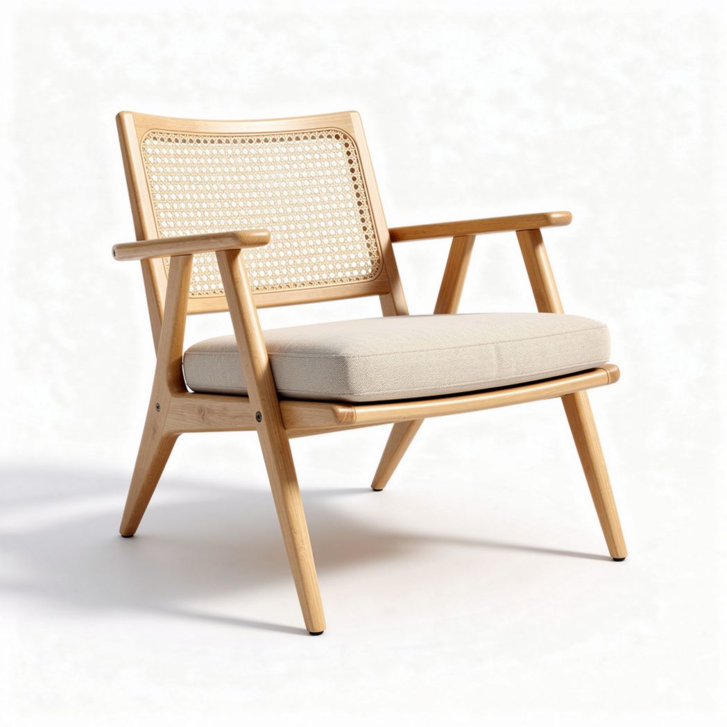 Fauteuil en bois avec assise en tissu beige et dimensions 70 x 70 x 75cm