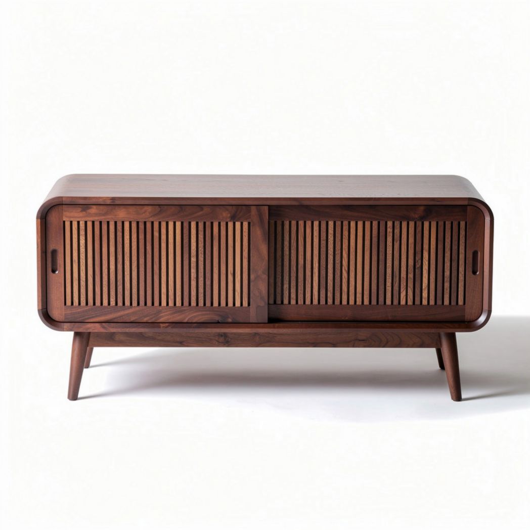 Meuble TV en bois de noyer avec portes en lames 120 x 40 x 50cm