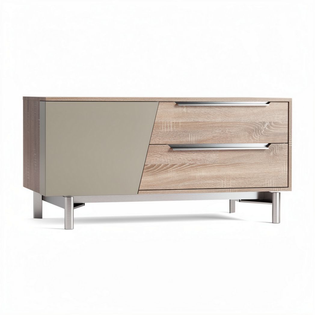 Meuble tv en bois avec tiroirs en métal 120 x 45 x 60cm couleur chêne et gris