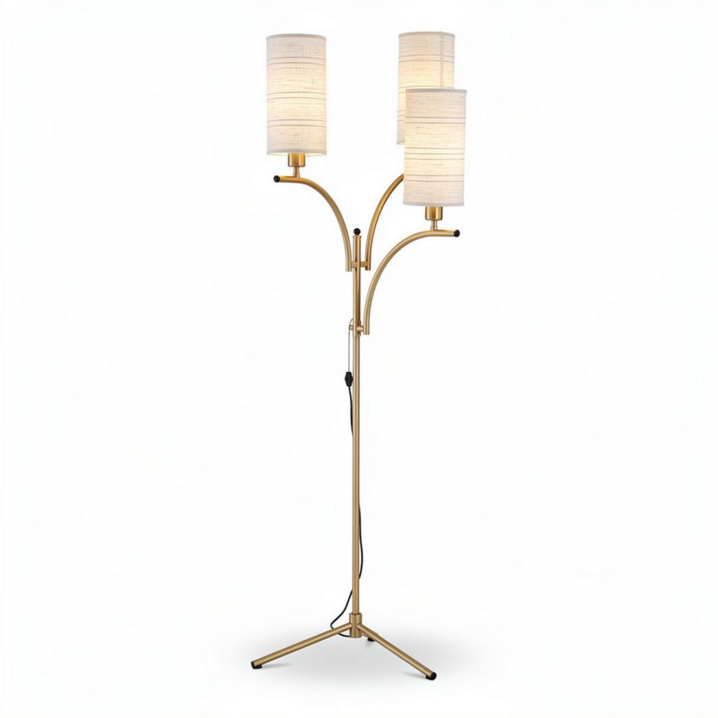 Lampadaire en métal doré avec trois abat-jours en tissu blanc dimensions 80 x 40 x 180cm