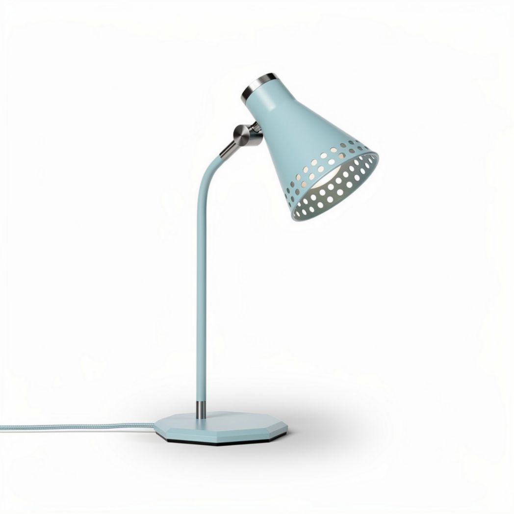 Lampe de bureau en métal bleu clair à abat-jour perforé dimensions 30 x 15 x 45cm