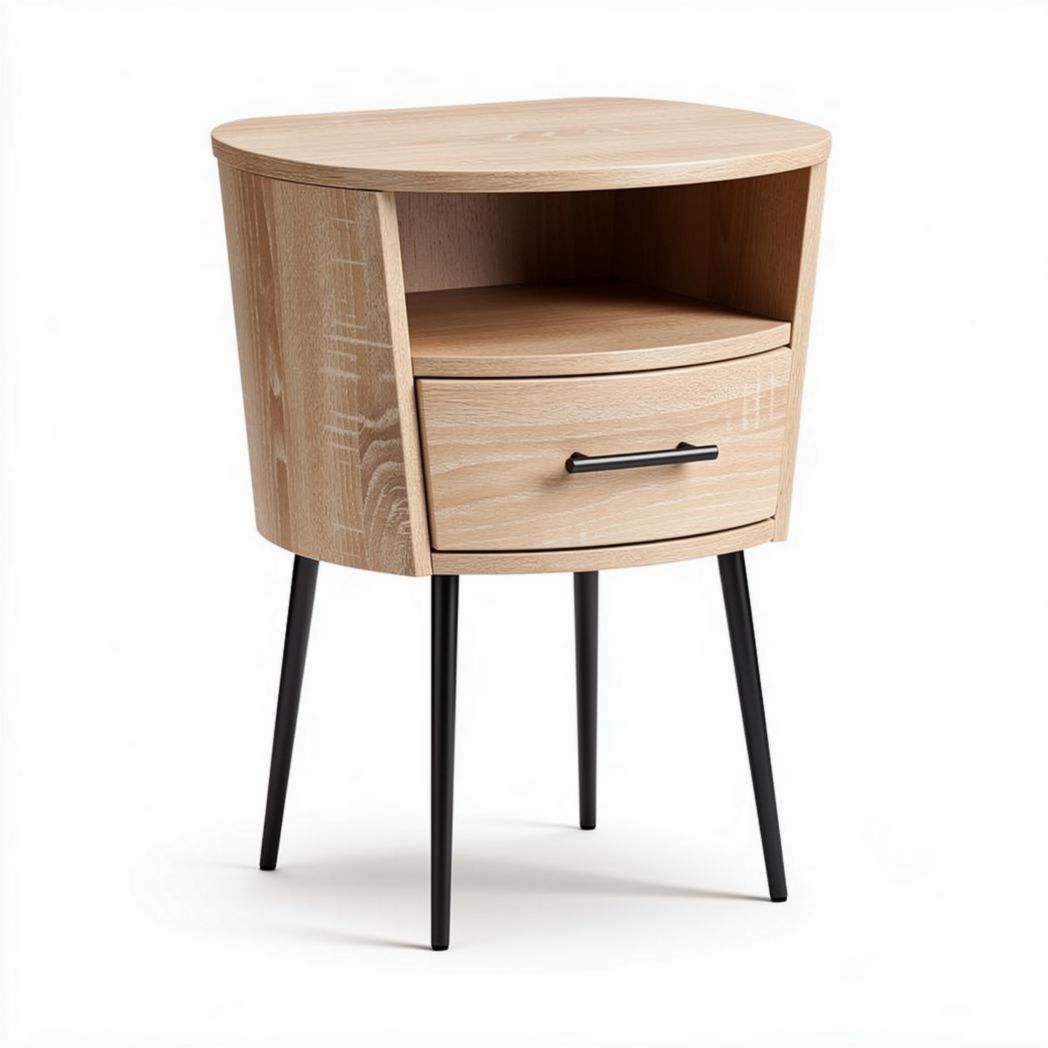Table de chevet en bois naturel avec tiroir et pieds noirs 45 x 40 x 60cm