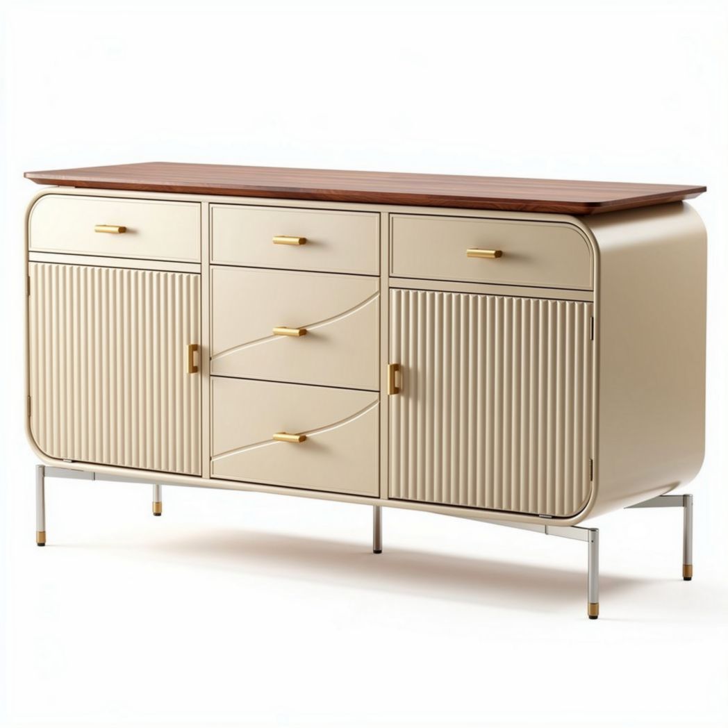 Meuble de rangement en bois et métal beige avec quatre tiroirs et deux portes 150 x 45 x 80cm
