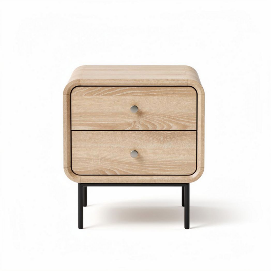 Table de chevet en bois clair avec deux tiroirs et pieds noirs 60 x 40 x 50cm